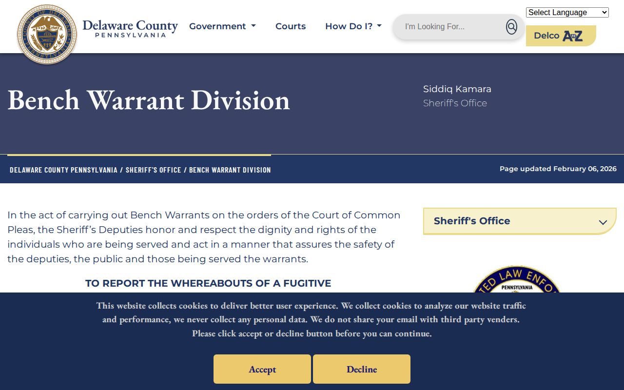 Delaware County Sheriff Bench Warrant Division official warrant and tip information