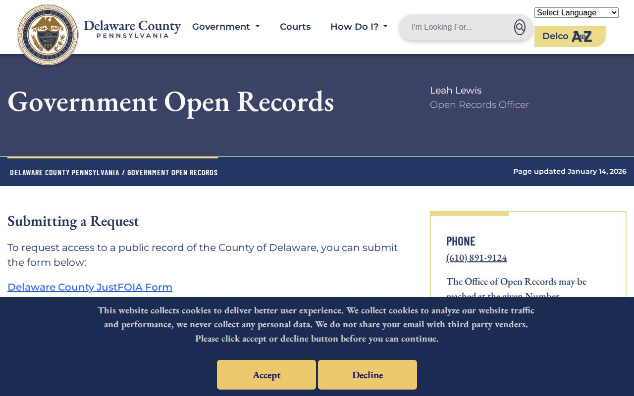 Delaware County booking record request and Open Records access page