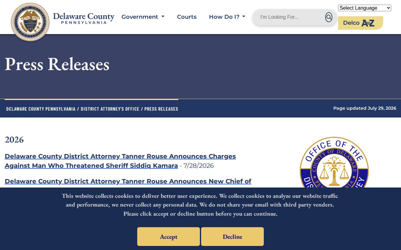 Delaware County District Attorney official crime and charging press releases